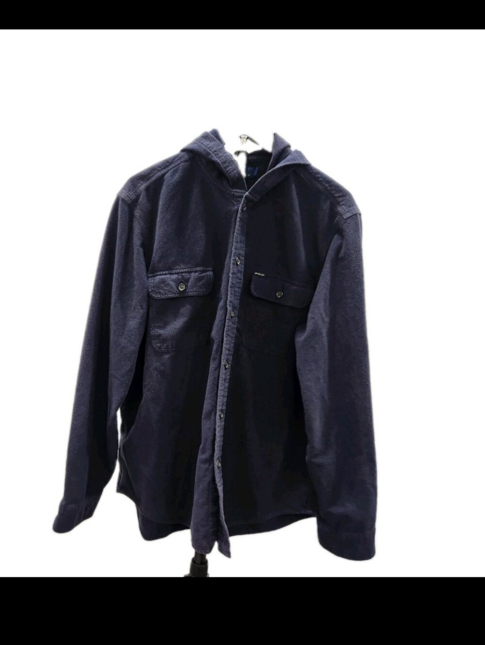 Polo Ralph Lauren Hooded Button Down Shirt Navy Blue Cotton Men's Large